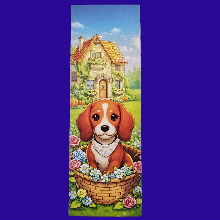 Decorative bookmark with a dog and house illustration on a grid background