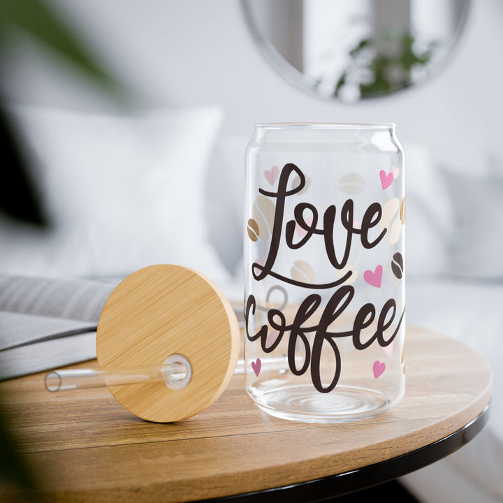 Love Coffee 16oz Sipper Glass — Hearts &amp; Coffee Beans Design - Designs by Mysh