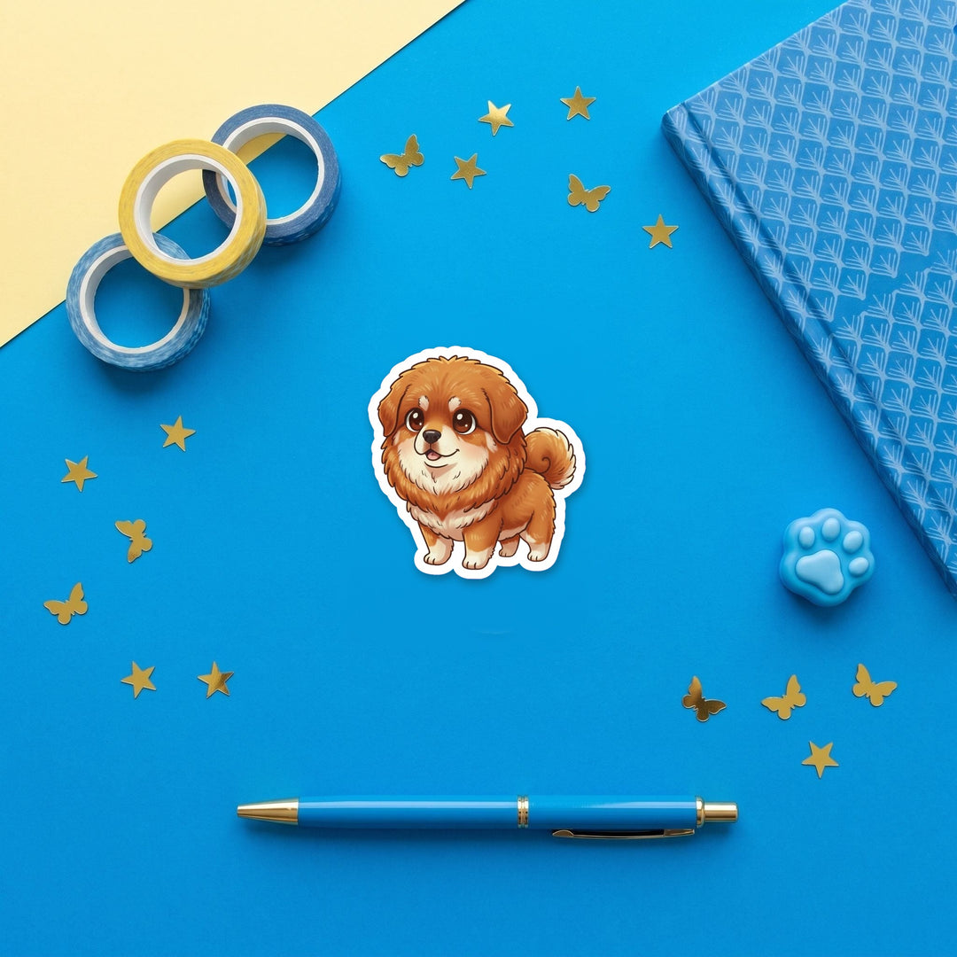 Tibetan Mastiff Red Gold kawaii 3 inch fridge magnet flat lay with blue stationery