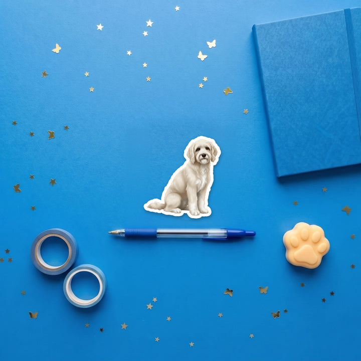 Goldendoodle Chalk White watercolor 3 inch fridge magnet flat lay with blue stationery