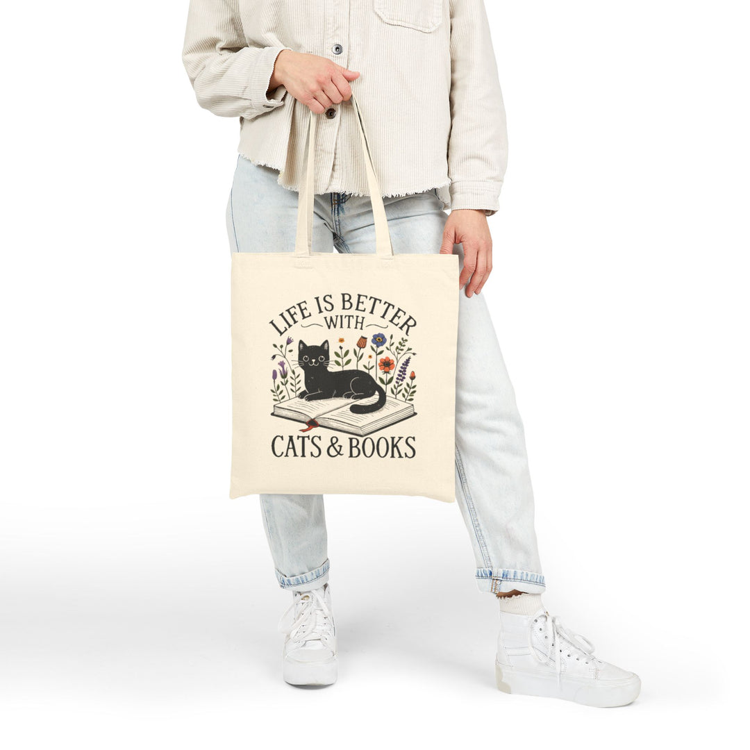 Tote Bag — "Life Is Better With Cats & Books" Canvas Book Lover Tote - Designs by Mysh