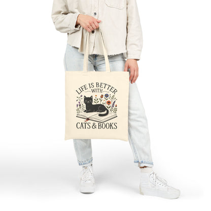 Tote Bag — "Life Is Better With Cats & Books" Canvas Book Lover Tote