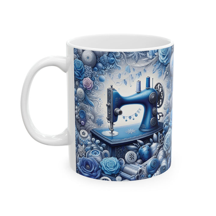 Blue Sewing Machine Ceramic Mug — 15oz Coffee Cup for Sewers &amp; Crafters