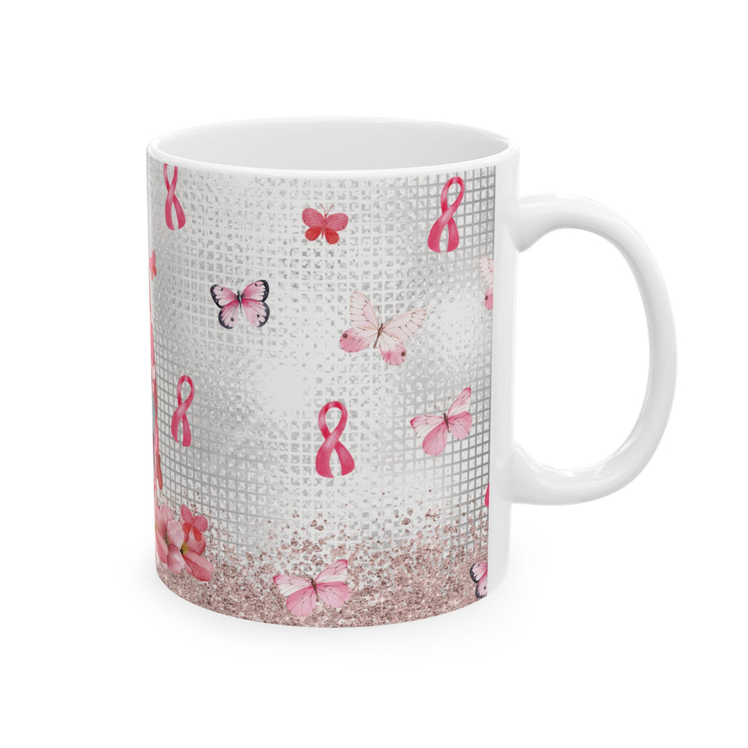 Pink Ribbon &amp; Butterflies Ceramic Mug – Breast Cancer Awareness Gift (15oz)
