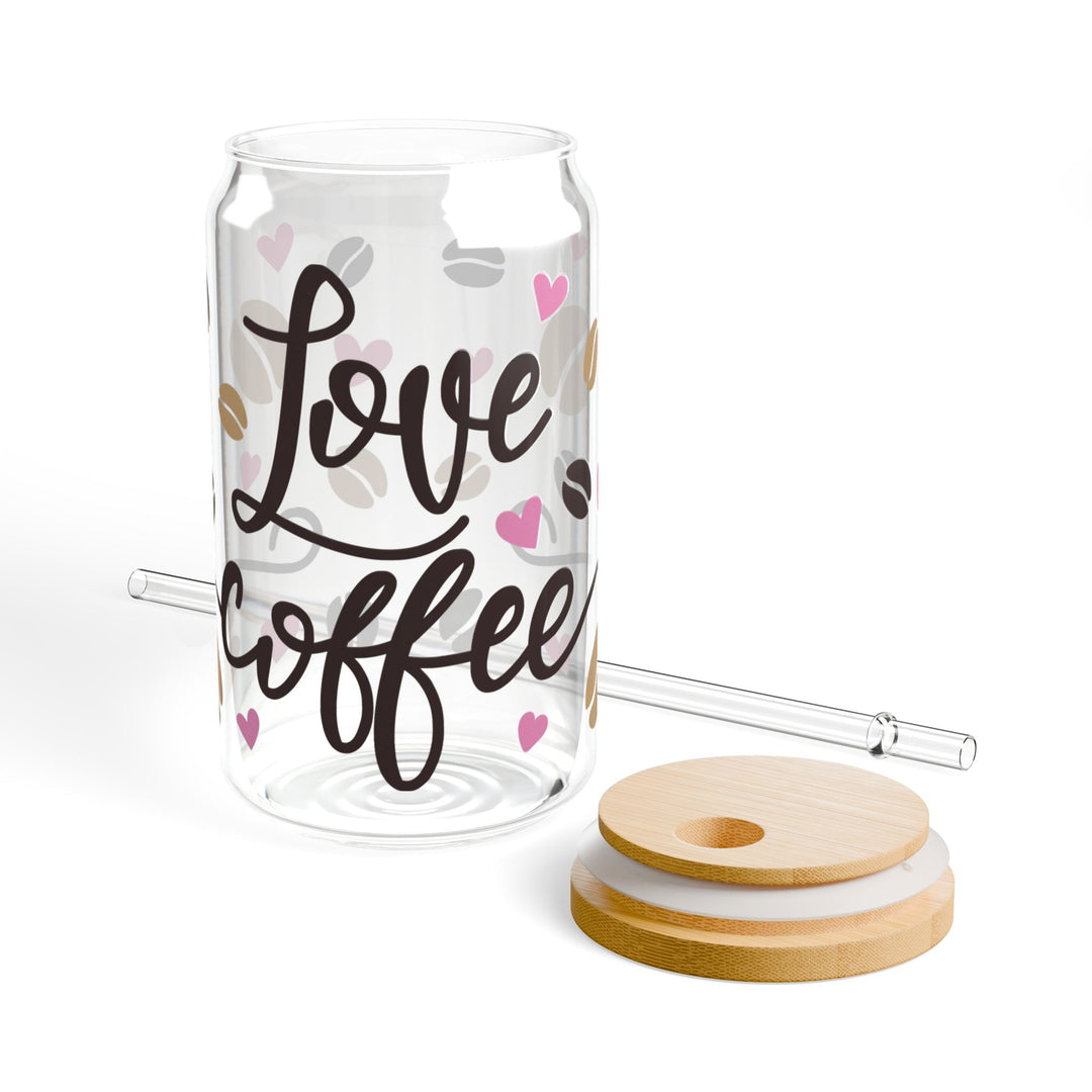 Love Coffee 16oz Sipper Glass — Hearts &amp; Coffee Beans Design - Designs by Mysh