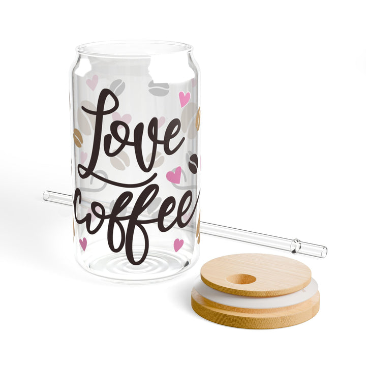Love Coffee 16oz Sipper Glass — Hearts &amp; Coffee Beans Design - Designs by Mysh