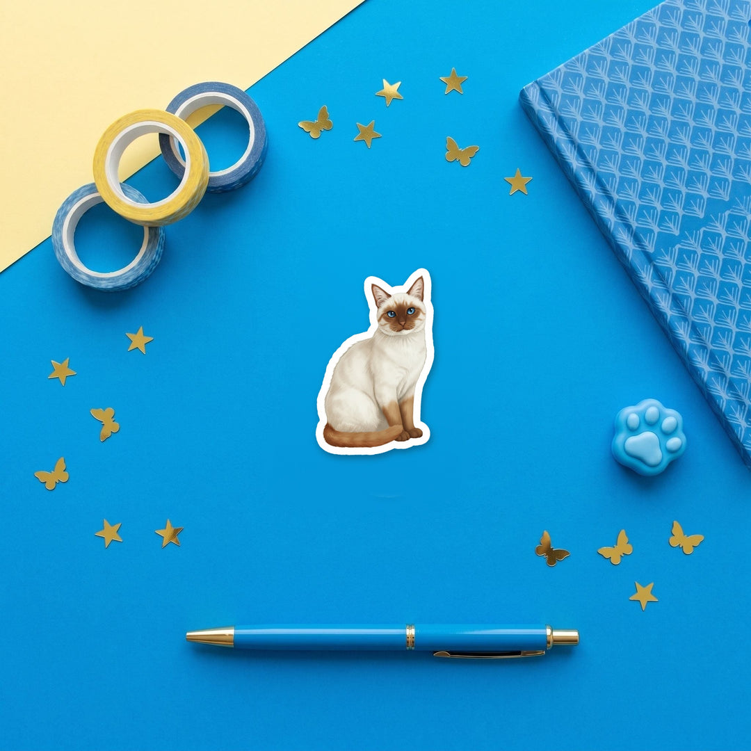 Siamese Color Point watercolor 3 inch fridge magnet flat lay with blue stationery