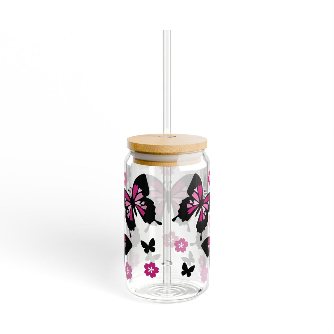 Butterfly-Themed Glass Sipper, Stylish Drinkware, Eco-Friendly Cup, Floral Design, Perfect for Parties, Gifts, Home Decor, Summer Sip - Designs by Mysh