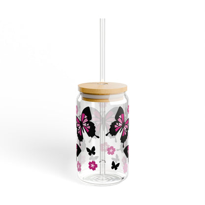 Butterfly-Themed Glass Sipper, Stylish Drinkware, Eco-Friendly Cup, Floral Design, Perfect for Parties, Gifts, Home Decor, Summer Sip