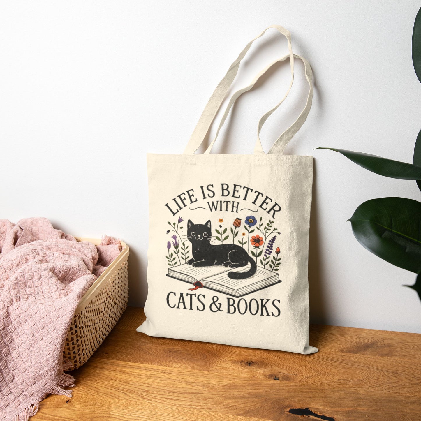 Tote Bag — "Life Is Better With Cats & Books" Canvas Book Lover Tote
