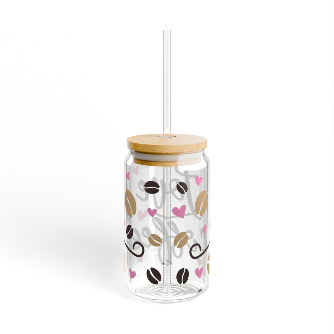Love Coffee 16oz Sipper Glass — Hearts &amp; Coffee Beans Design - Designs by Mysh