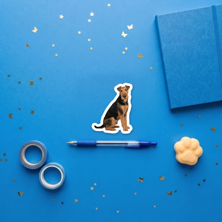 Airedale Terrier Black and Tan watercolor 3 inch fridge magnet flat lay with blue stationery