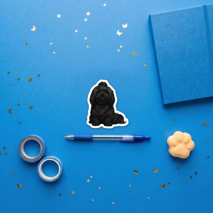 Shih Tzu Black watercolor 3 inch fridge magnet flat lay with blue stationery