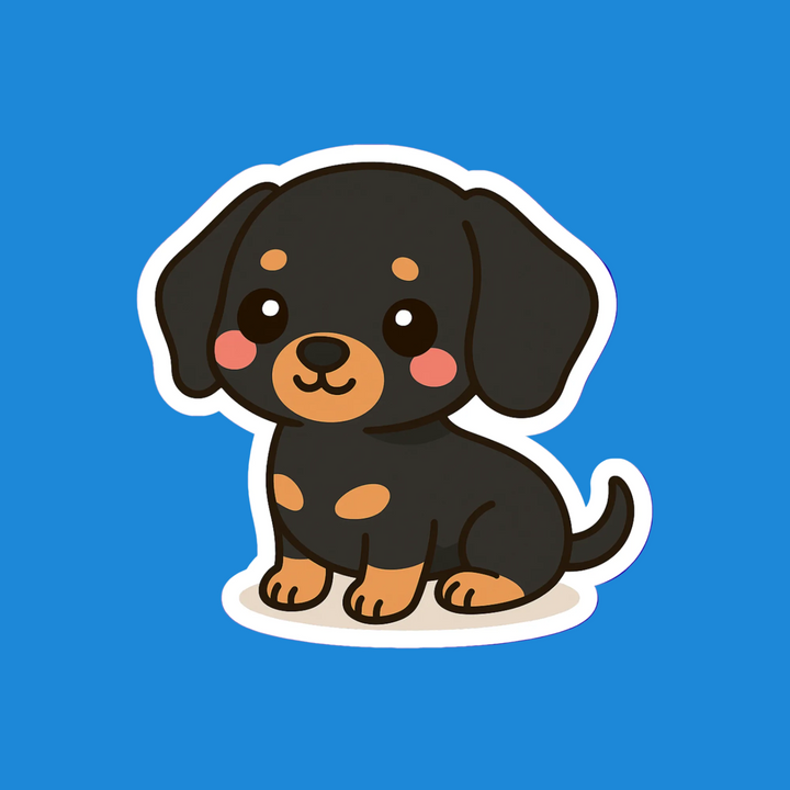 Cartoon black dog with brown spots on a blue background