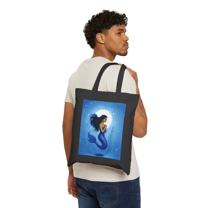 Mermaid Moon Canvas Tote — Ocean Blue Mermaid Illustration Beach Bag