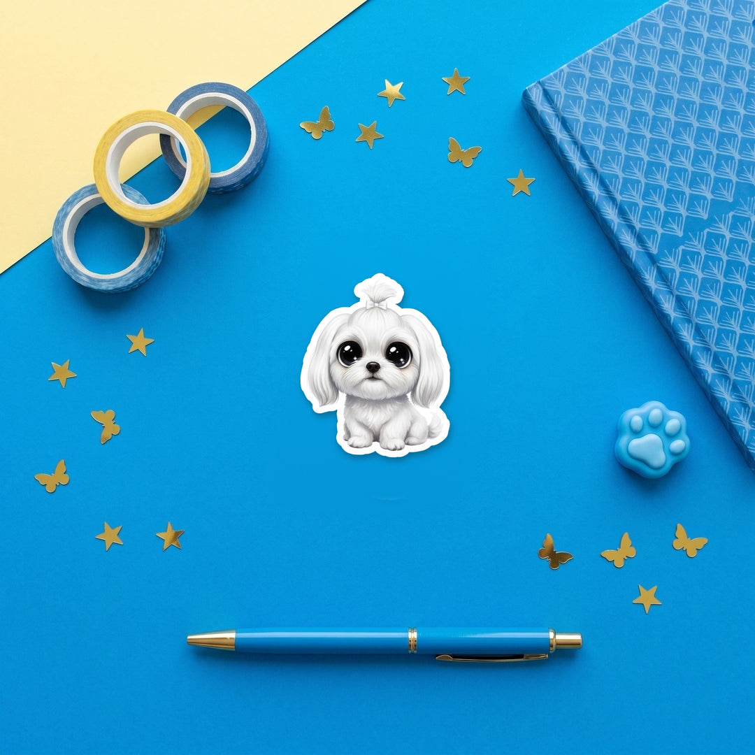 Shih Tzu White kawaii 3 inch fridge magnet flat lay with blue stationery