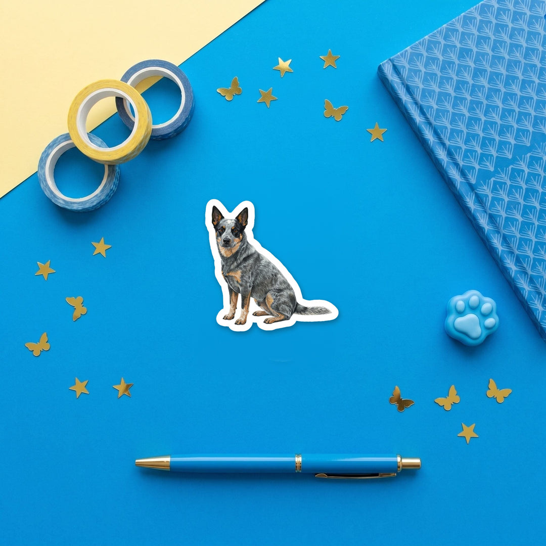 Australian Cattle Dog Blue watercolor 3 inch fridge magnet flat lay with blue stationery