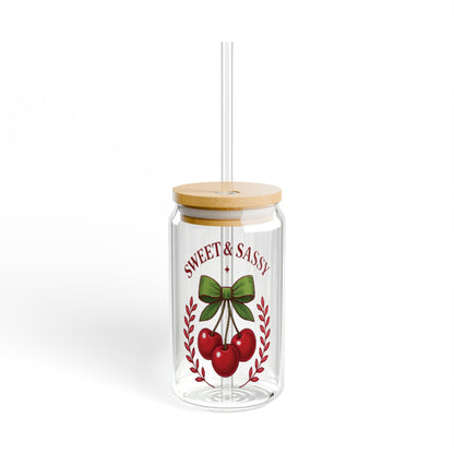 Sweet & Sassy Sipper Glass, 16oz - Perfect Glass for Smoothies, Refreshing Drinks, Summer Parties, Gifts, Cherry Design