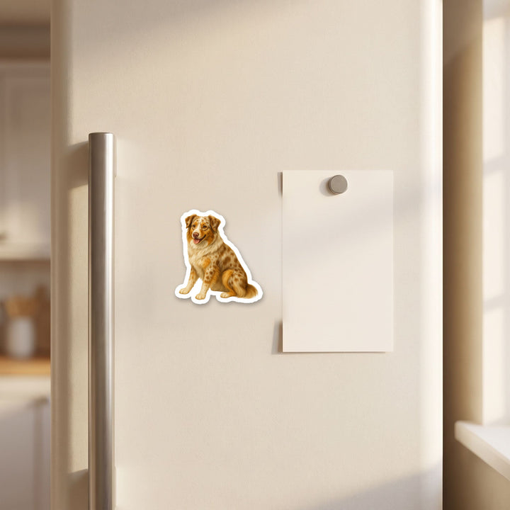 Australian Shepherd Red Merle watercolor magnet on a refrigerator door