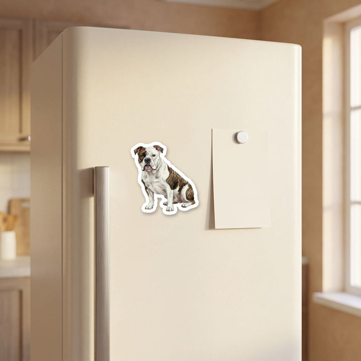 American Bulldog White and Brindle watercolor magnet on a refrigerator door