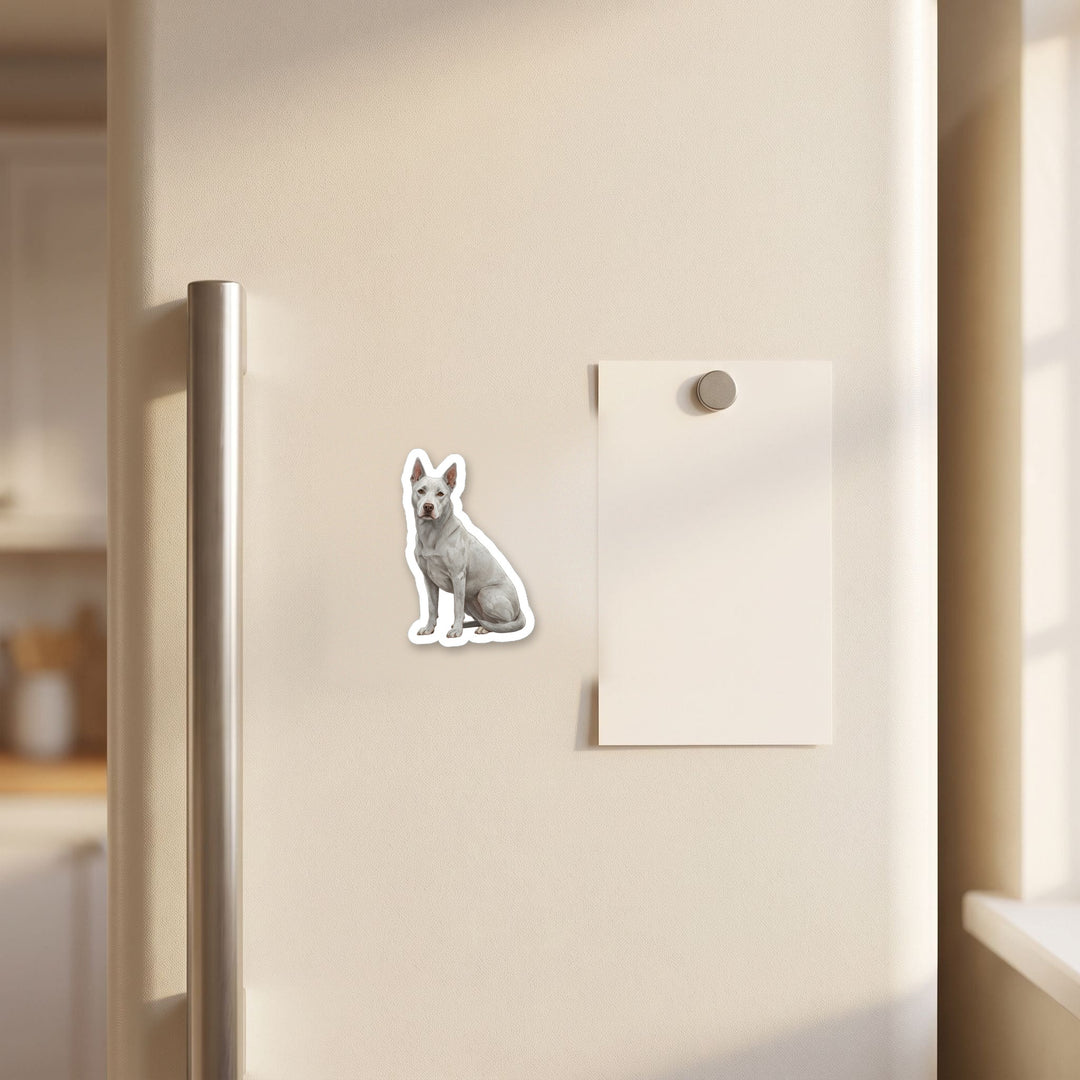 Pitsky Gray watercolor magnet on a refrigerator door