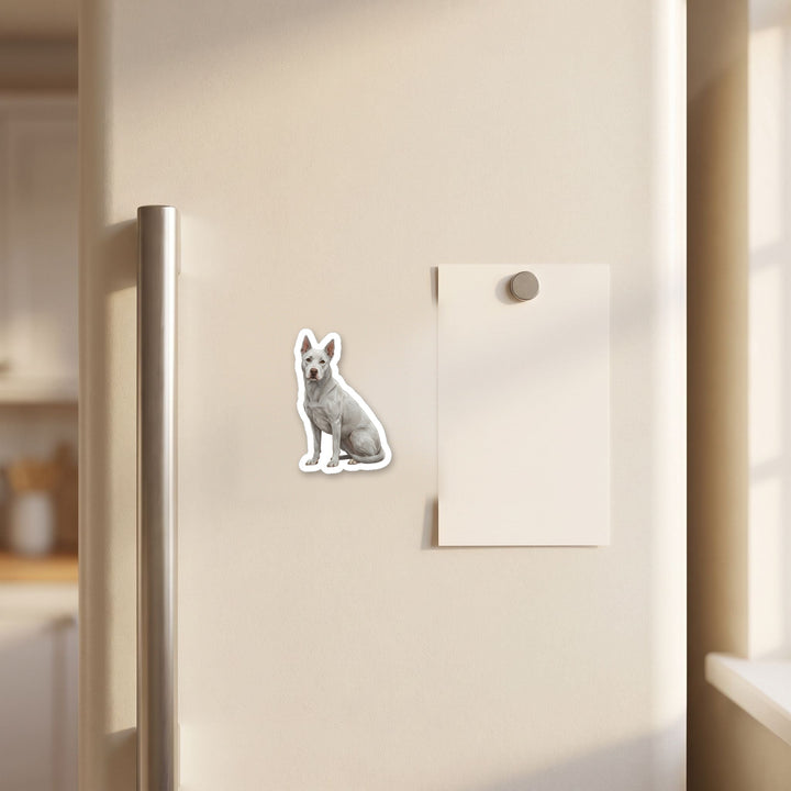Pitsky Gray watercolor magnet on a refrigerator door