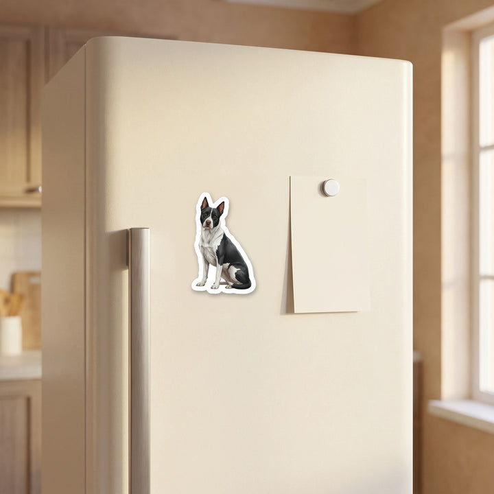 Pitsky Black and White watercolor magnet on a refrigerator door