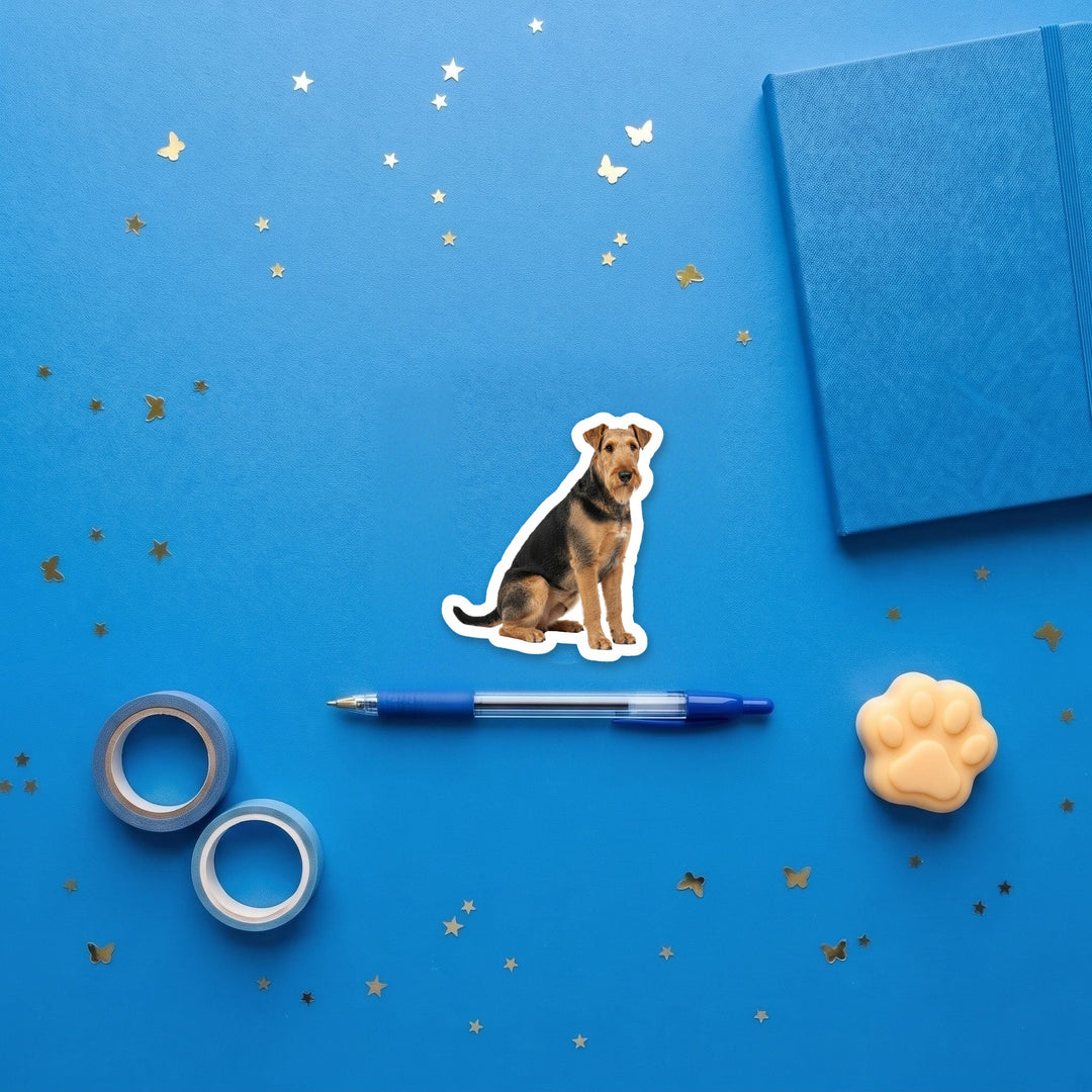 Airedale Terrier Grizzle and Tan watercolor 3 inch fridge magnet flat lay with blue stationery
