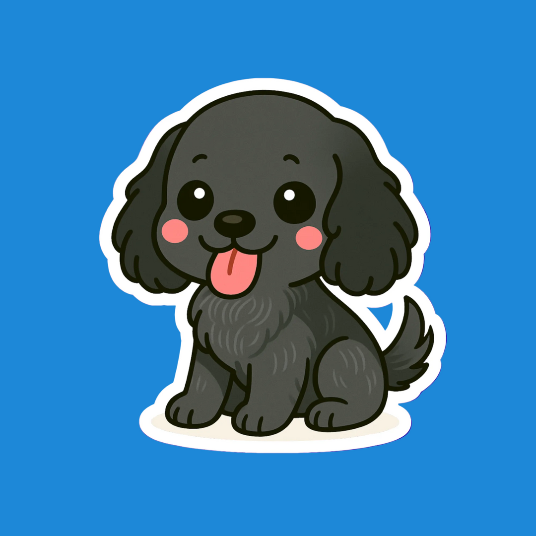 Cartoon black dog with a happy expression on a blue background