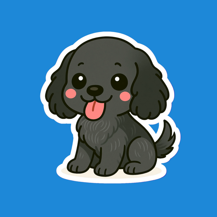 Cartoon black dog with a happy expression on a blue background