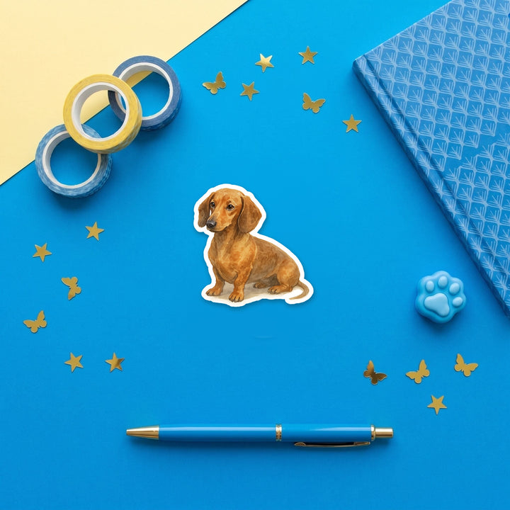 Dachshund Red watercolor 3 inch fridge magnet flat lay with blue stationery