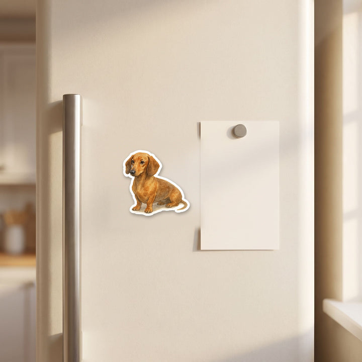 Dachshund Red watercolor magnet on a refrigerator door