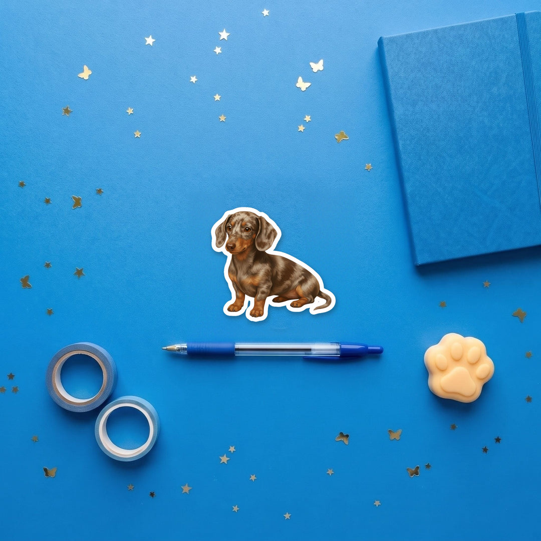 Dachshund Chocolate Dapple watercolor 3 inch fridge magnet flat lay with blue stationery