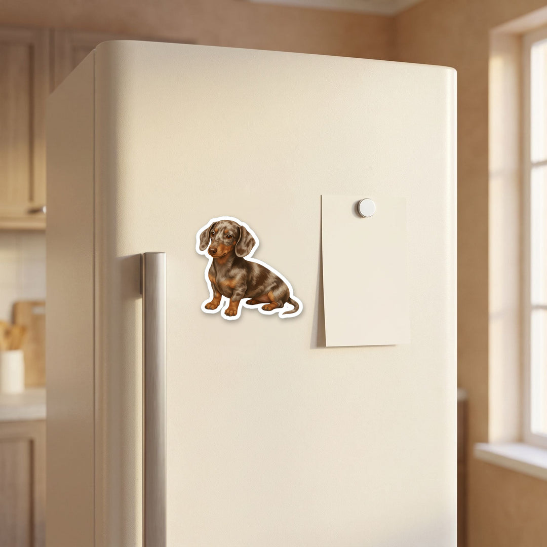 Dachshund Chocolate Dapple watercolor magnet on a refrigerator door