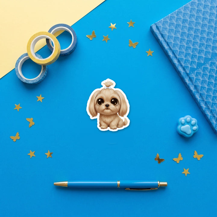 Shih Tzu Tan kawaii 3 inch fridge magnet flat lay with blue stationery