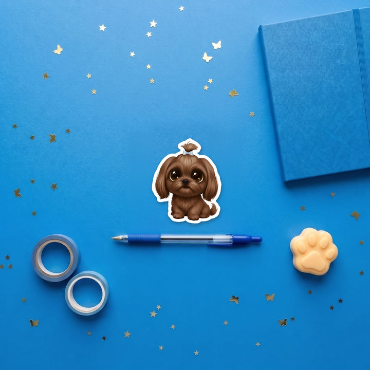 Shih Tzu Brown kawaii 3 inch fridge magnet flat lay with blue stationery
