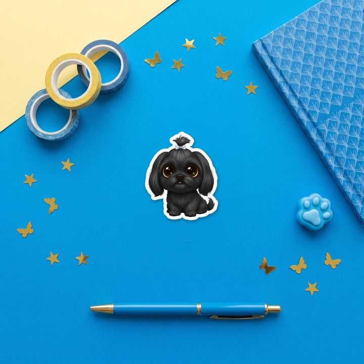 Shih Tzu Black kawaii 3 inch fridge magnet flat lay with blue stationery