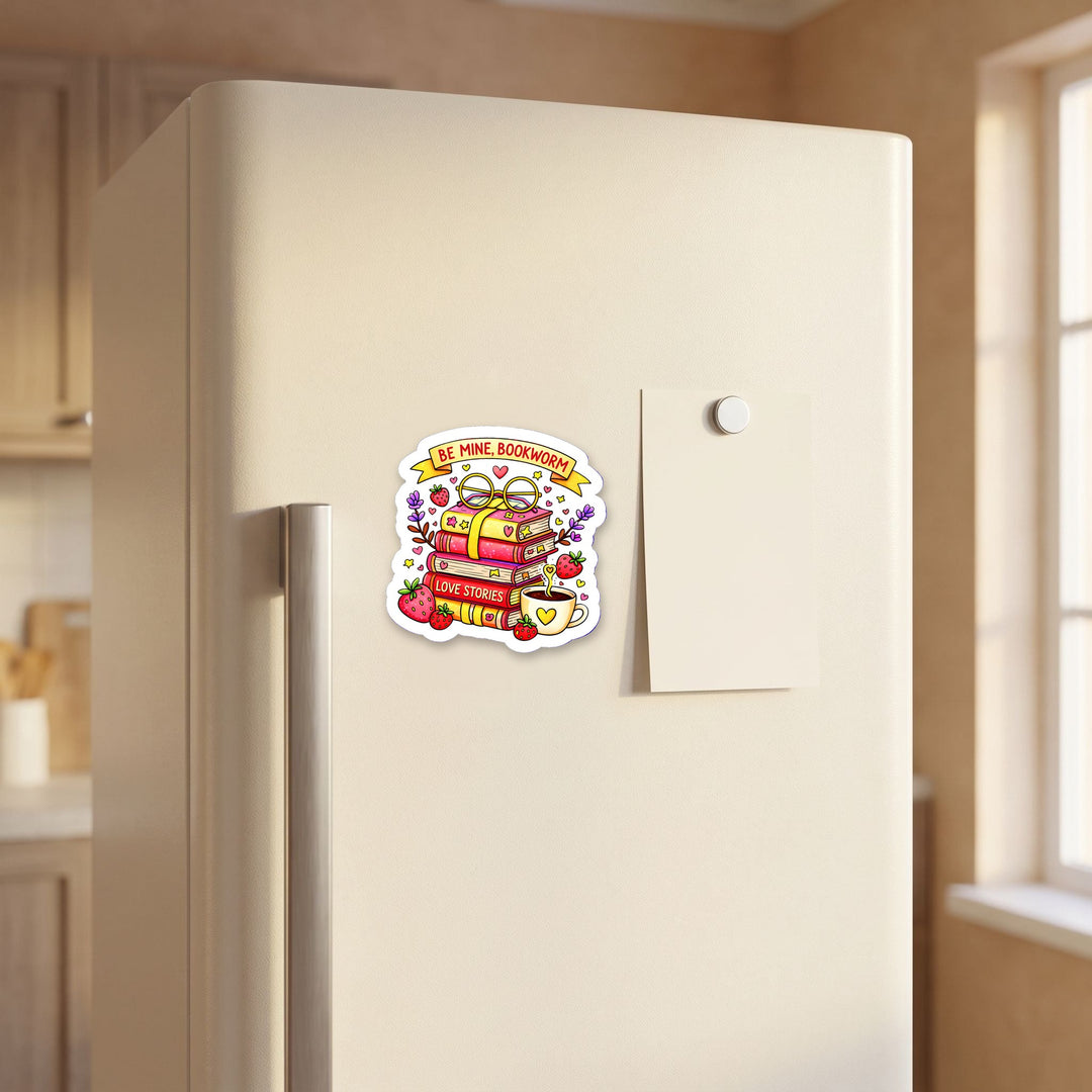 Be Mine Bookworm magnet on a refrigerator door
