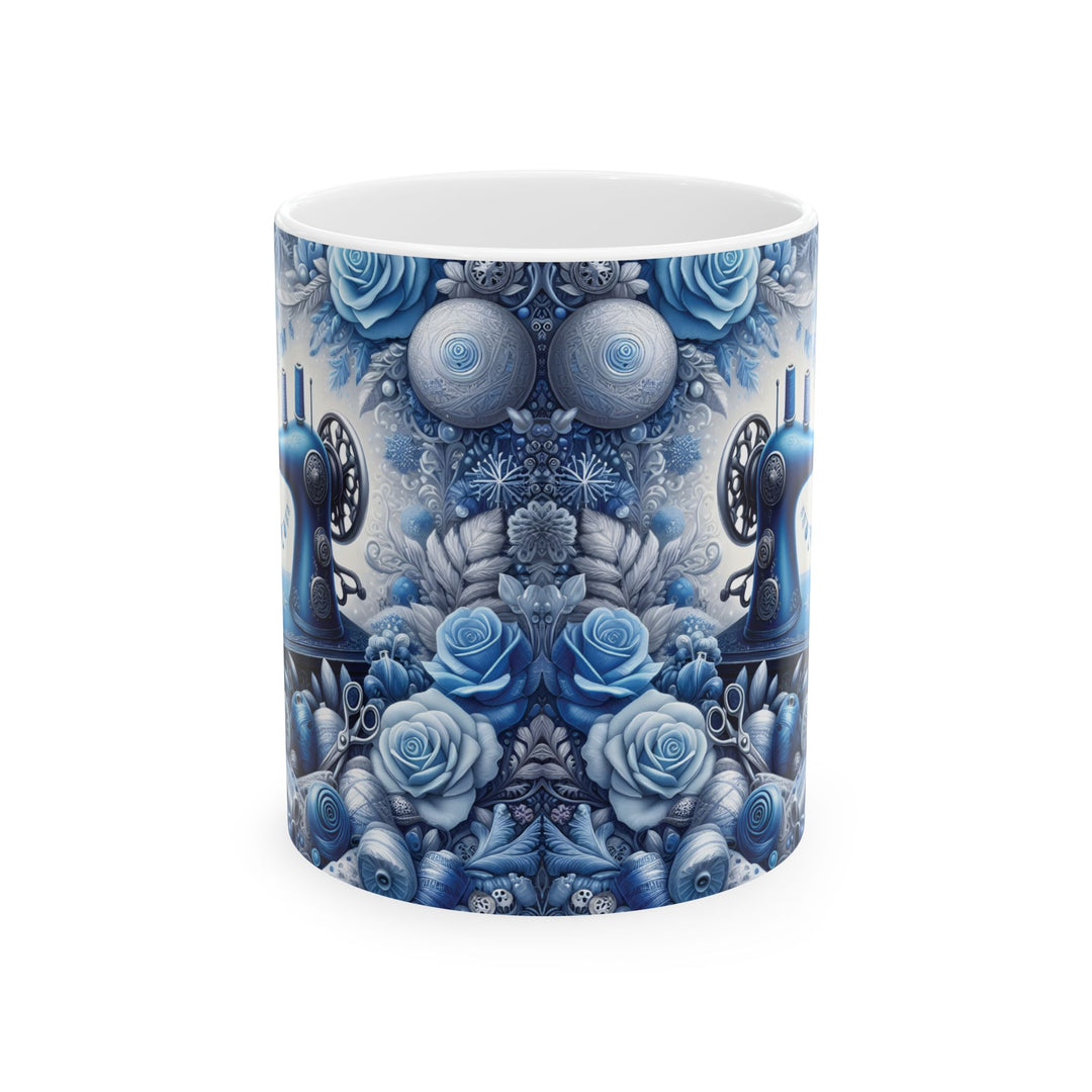 Blue Sewing Machine 15oz Ceramic Mug - Side view - Designs by Mysh