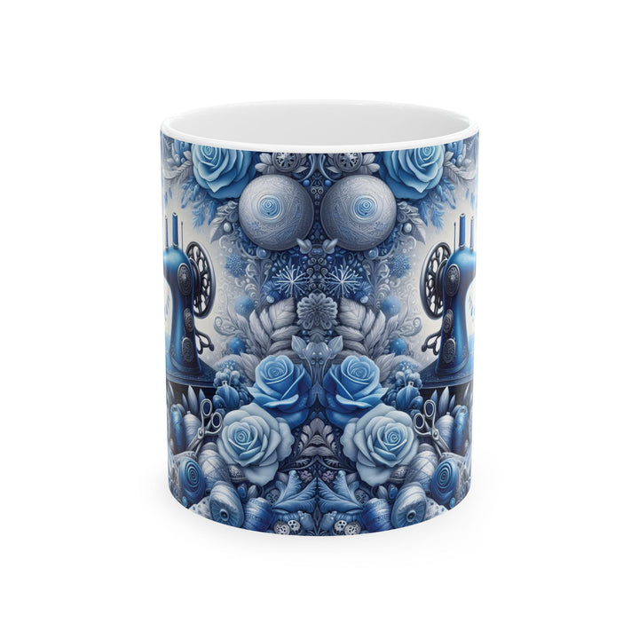 Blue Sewing Machine 15oz Ceramic Mug - Side view - Designs by Mysh