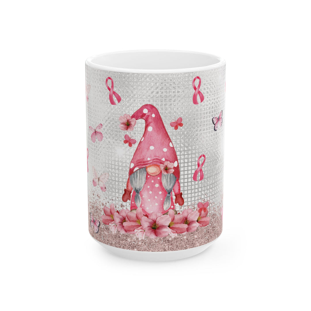 Pink Ribbon and Butterflies Breast Cancer Awareness 15oz Ceramic Mug - Front view - Designs by Mysh