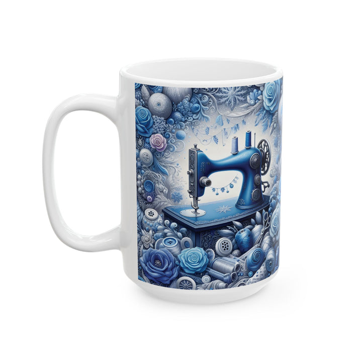 Blue Sewing Machine 15oz Ceramic Mug - Additional view - Designs by Mysh