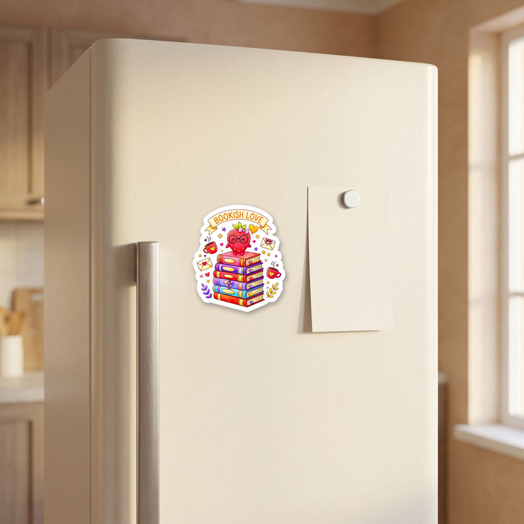Bookish Love magnet on a refrigerator door