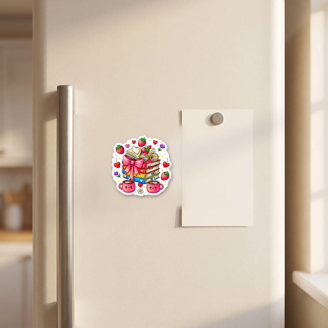 Cute Books and Coffee kawaii magnet on a refrigerator door