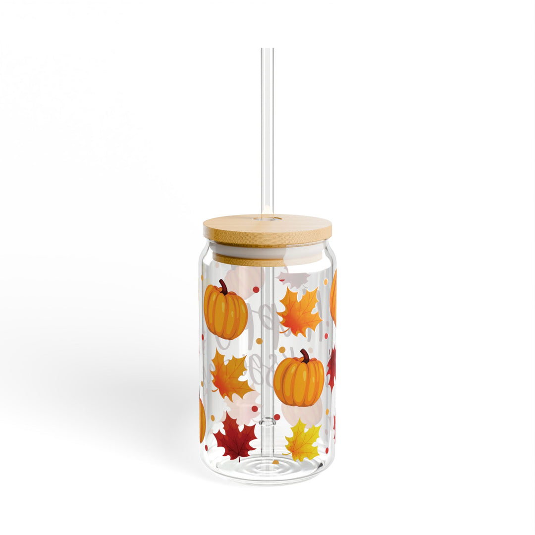 Happy Thanksgiving Pumpkin &amp; Leaves Sipper Glass — 16oz Holiday Drinkware - Designs by Mysh