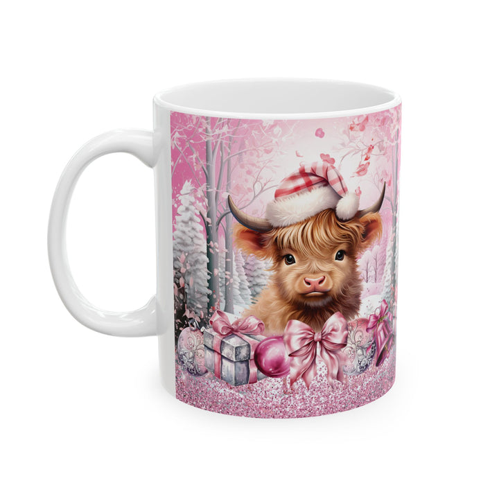 Pink Christmas Highland Cow Ceramic Mug — Festive Holiday Cow Mug (15oz)