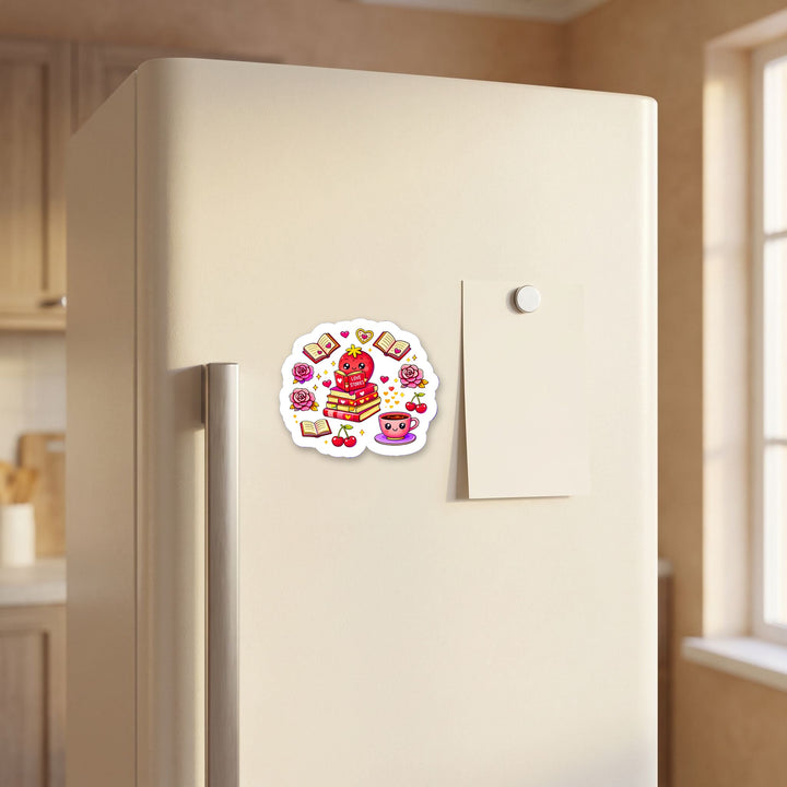 Strawberry Love Stories magnet on a refrigerator door