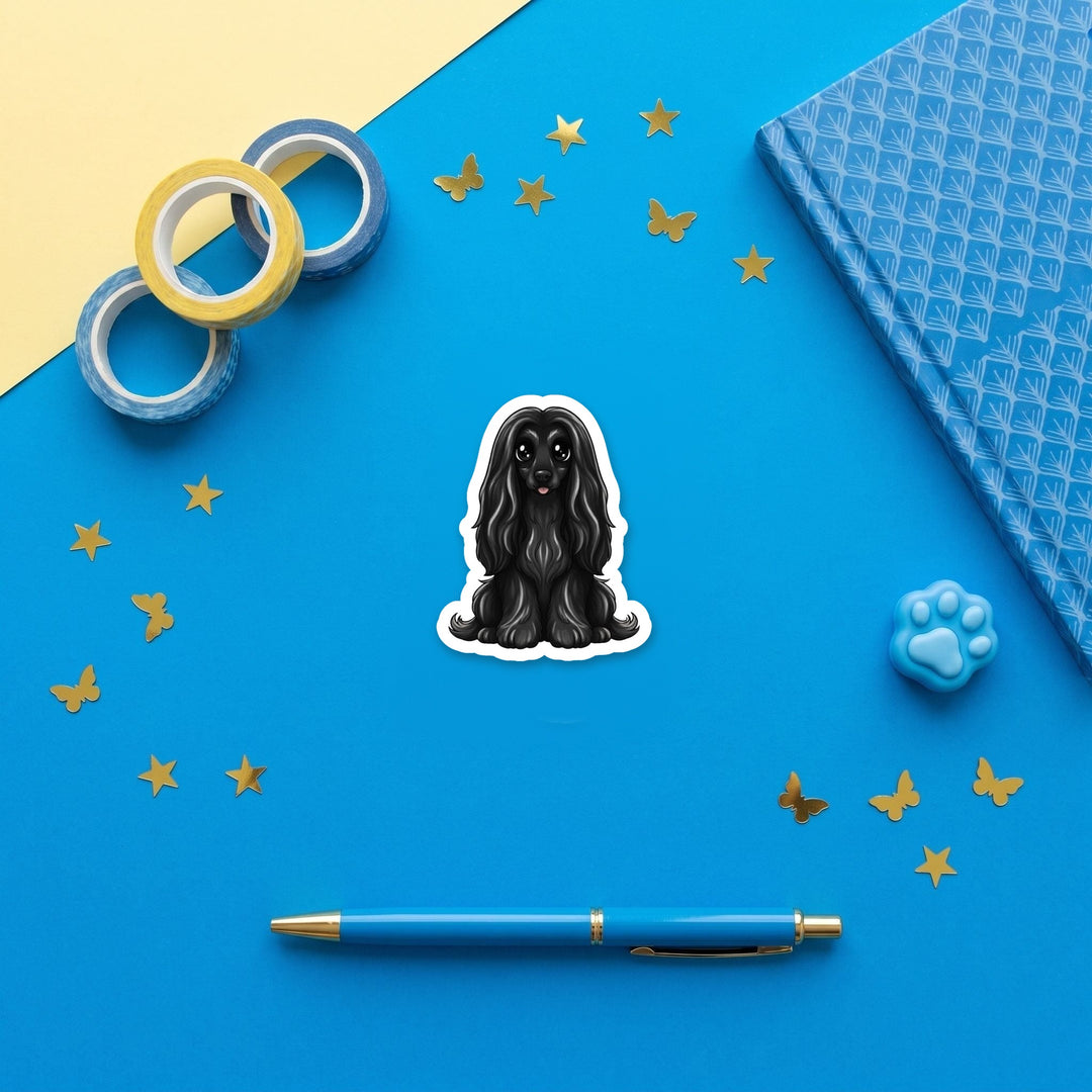Afghan Hound Black kawaii 3 inch fridge magnet flat lay with blue stationery