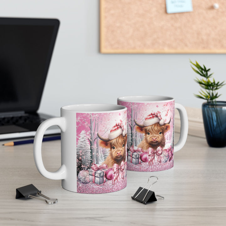 Pink Christmas Highland Cow Ceramic Mug — Festive Holiday Cow Mug (15oz)