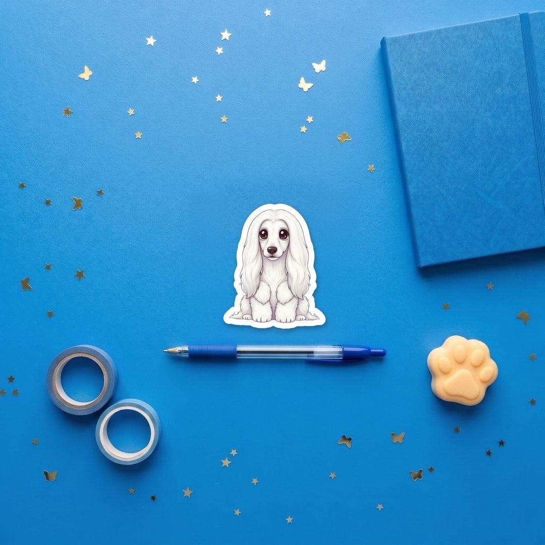 Afghan Hound White kawaii 3 inch fridge magnet flat lay with blue stationery
